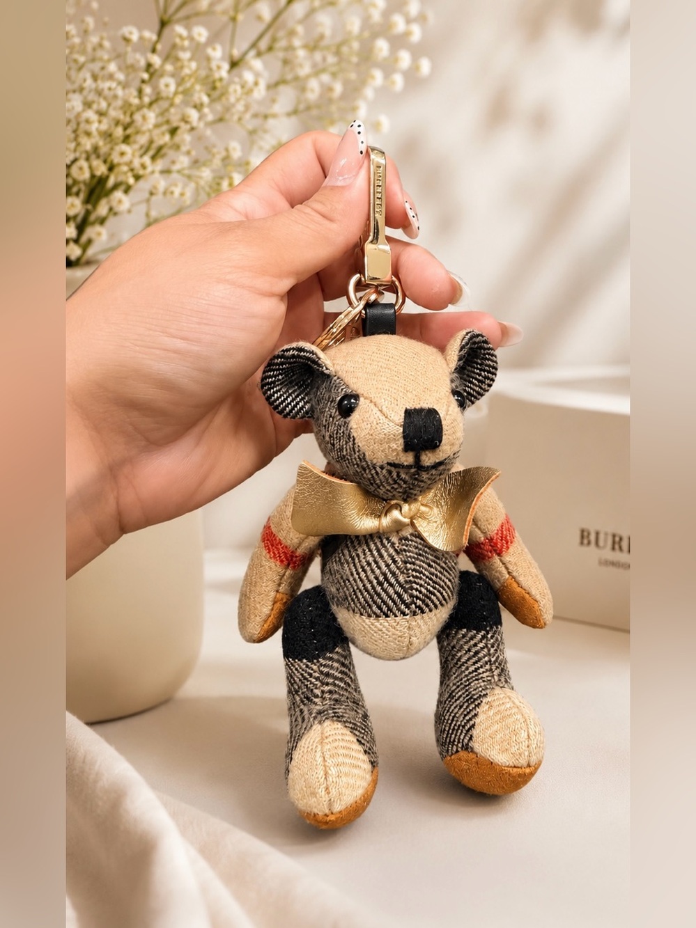 Bear Keychain with Gold Bow - Neutral Tones